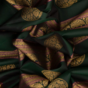 Bottle Green Handloom Kanchipuram Silk Saree With Stripes & Buttas