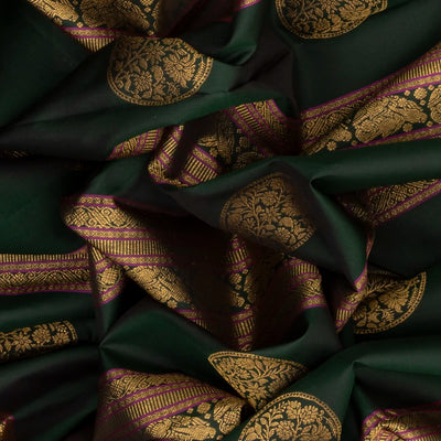 Bottle Green Handloom Kanchipuram Silk Saree With Stripes & Buttas