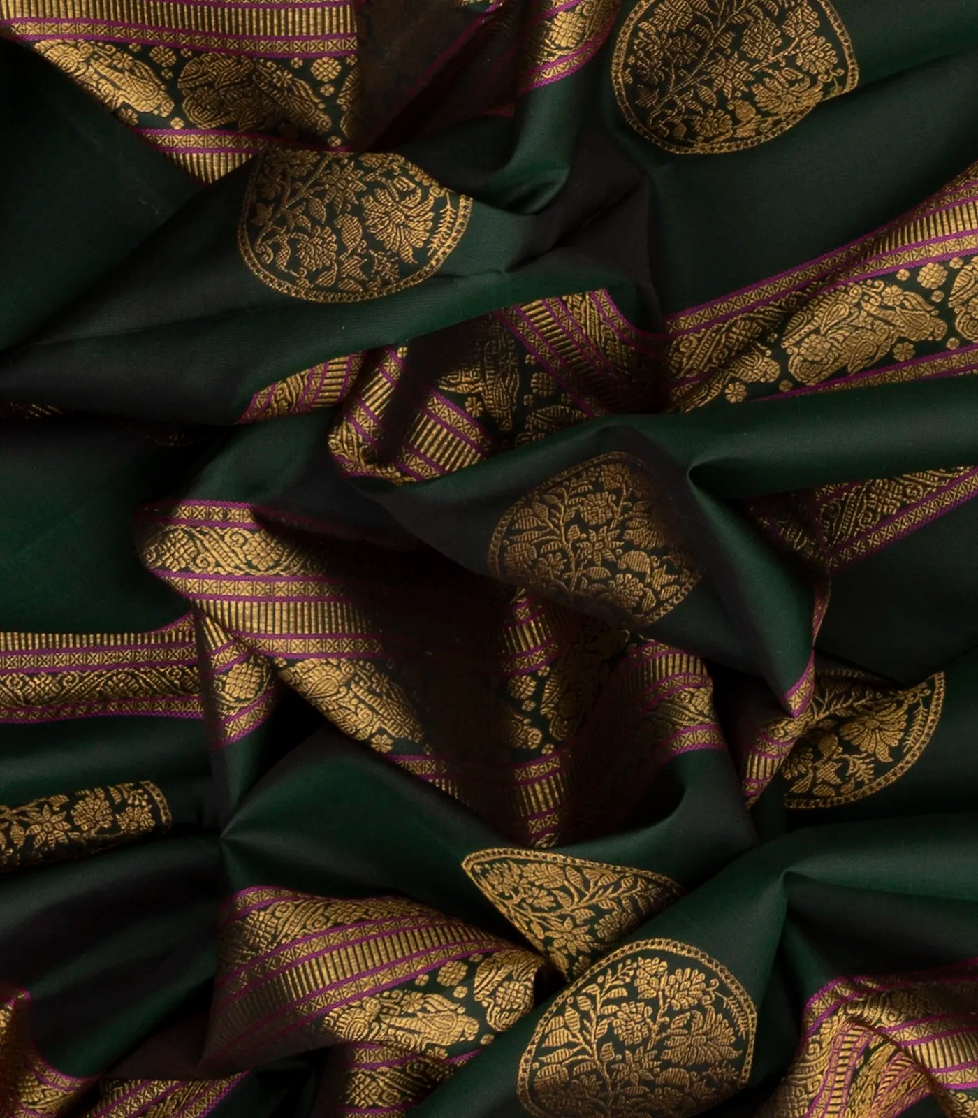 Bottle Green Handloom Kanchipuram Silk Saree With Stripes & Buttas