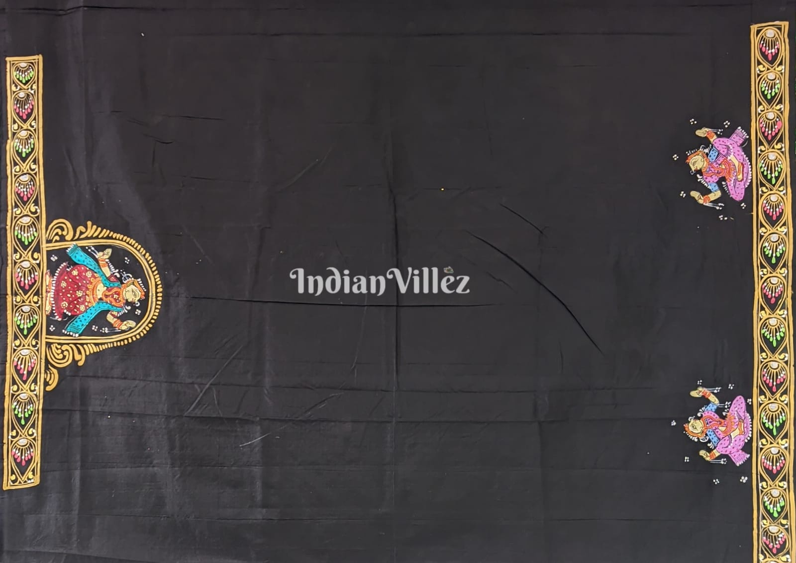 Black Chandua Theme hand-Painted Pattachitra Saree