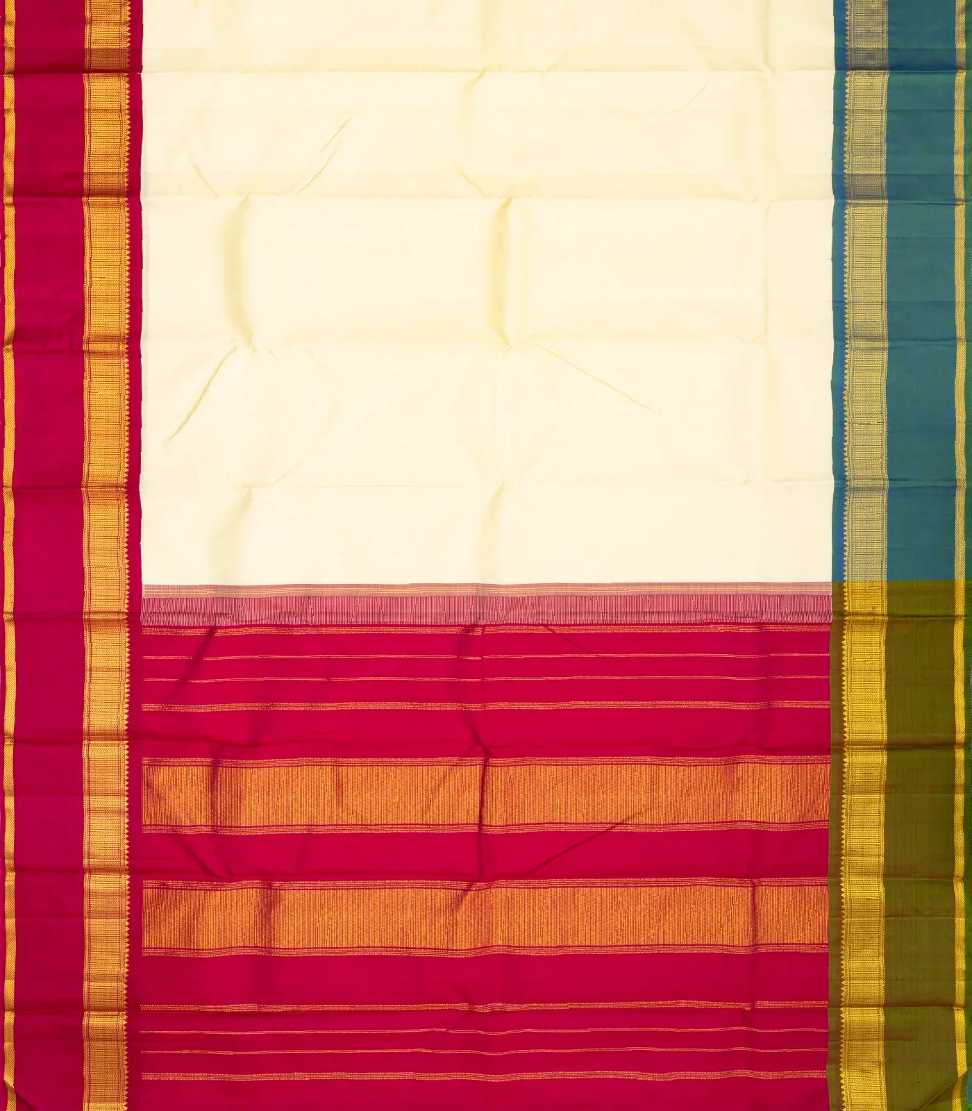 White Handloom Kanchipuram Korvai Silk Saree With Ganga Jamuna Border