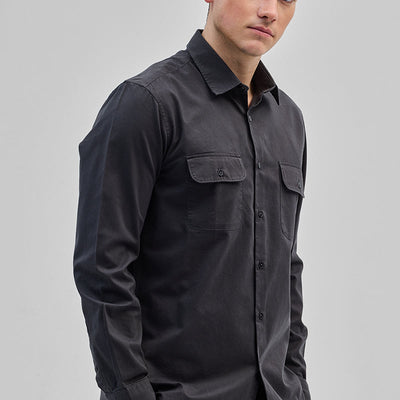 Charcoal Grey Solid Double Pocket Overshirt