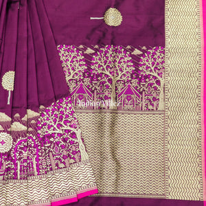 Tyrian Purple Threadwork Banarasi Katan Silk Saree