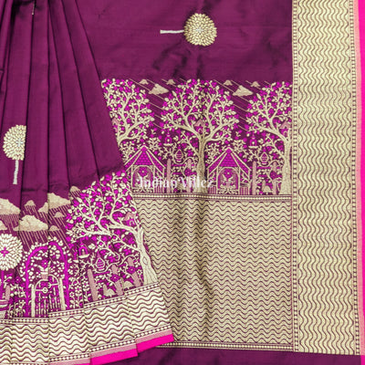Tyrian Purple Threadwork Banarasi Katan Silk Saree