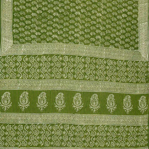 Leafy Green Woven Jaipur Cotton Saree Printed With White Floral Motifs