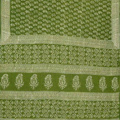 Leafy Green Woven Jaipur Cotton Saree Printed With White Floral Motifs