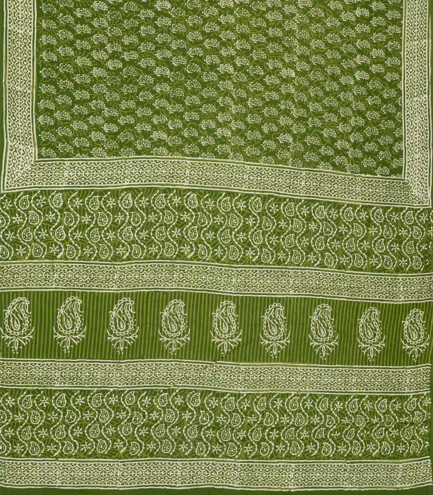 Leafy Green Woven Jaipur Cotton Saree Printed With White Floral Motifs