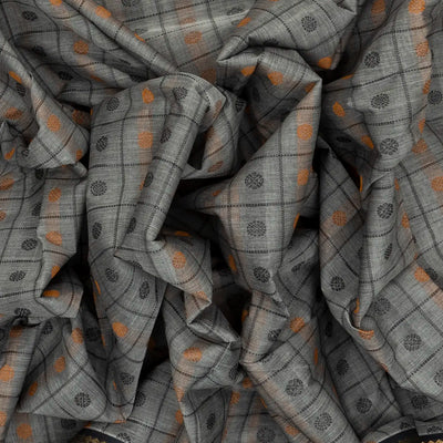 Grey Handloom Kanchi Cotton Saree With Checks & Chakaram Motifs.