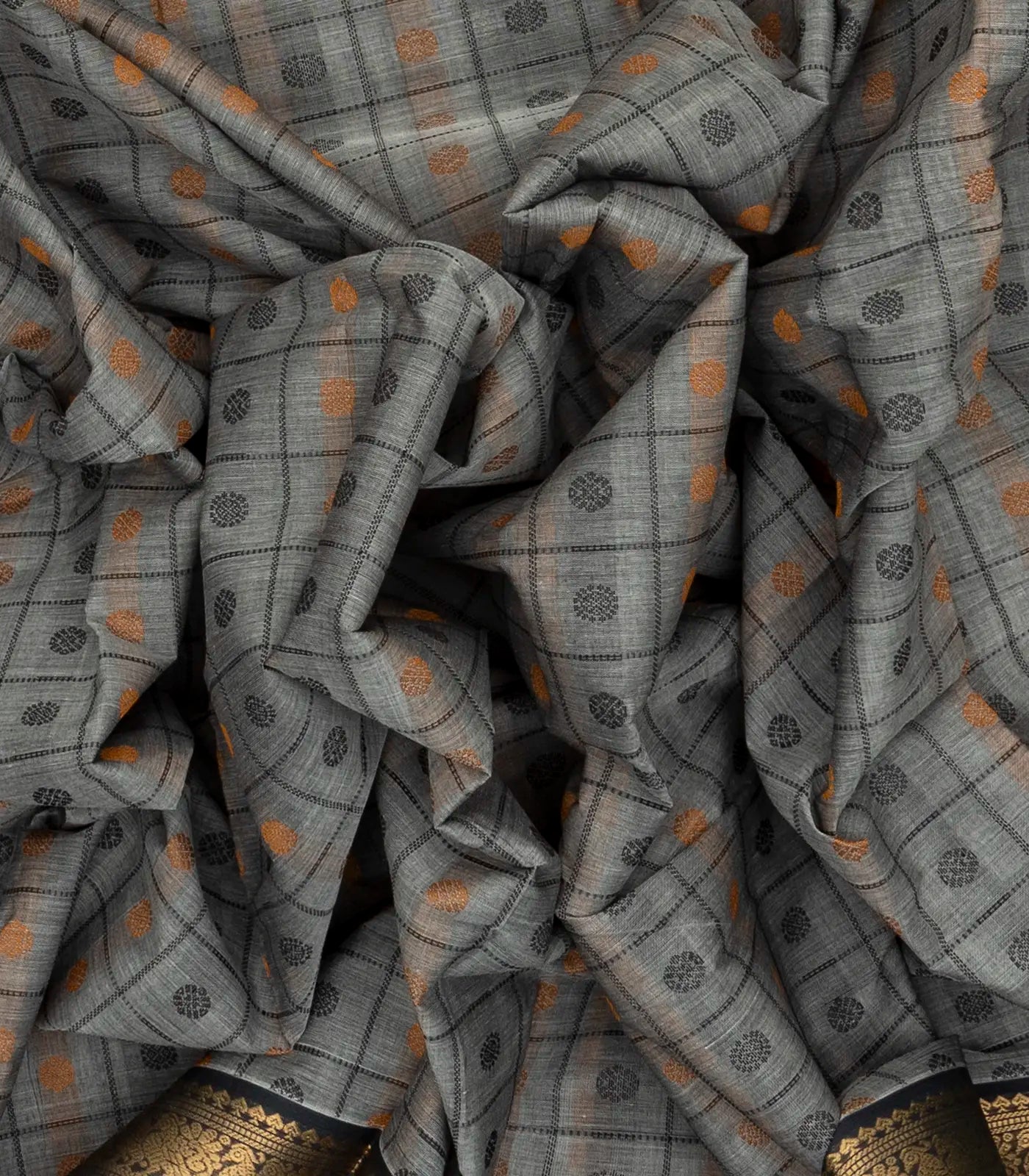 Grey Handloom Kanchi Cotton Saree With Checks & Chakaram Motifs.