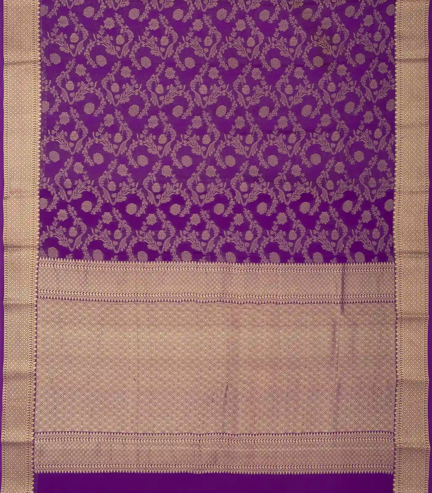 Purple Mysore Crepe Silk Saree With Floral Vine Zari Motifs