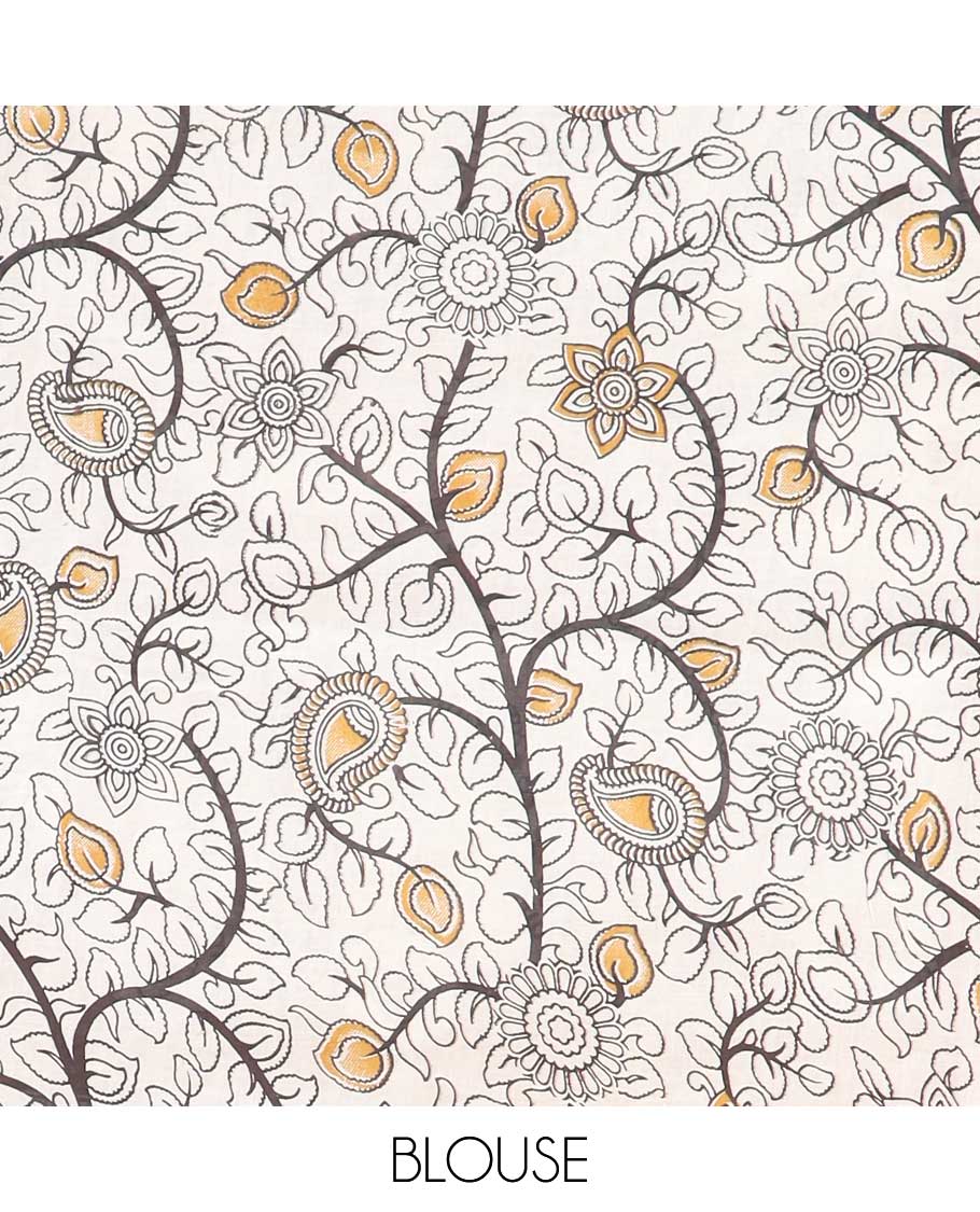 Orange batik machine-printed kalamkari cotton saree, self-border & peacock pallu