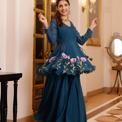 Kaasni Handpainted Organza Sharara Set