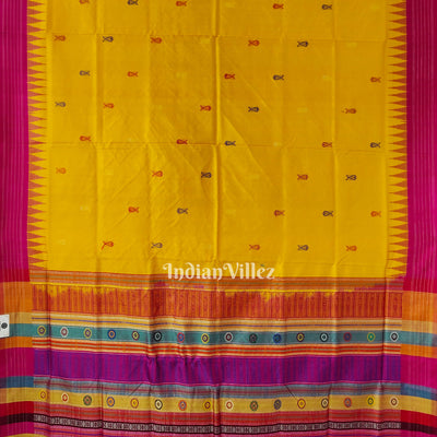 Yellow Fish Motif  Berhampuri Silk Patta Saree with Double Pallu