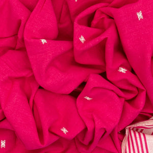Hot Pink Handloom Bhujodi Cotton Saree With Buttas & Stripe Border