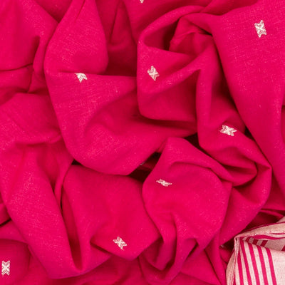 Hot Pink Handloom Bhujodi Cotton Saree With Buttas & Stripe Border