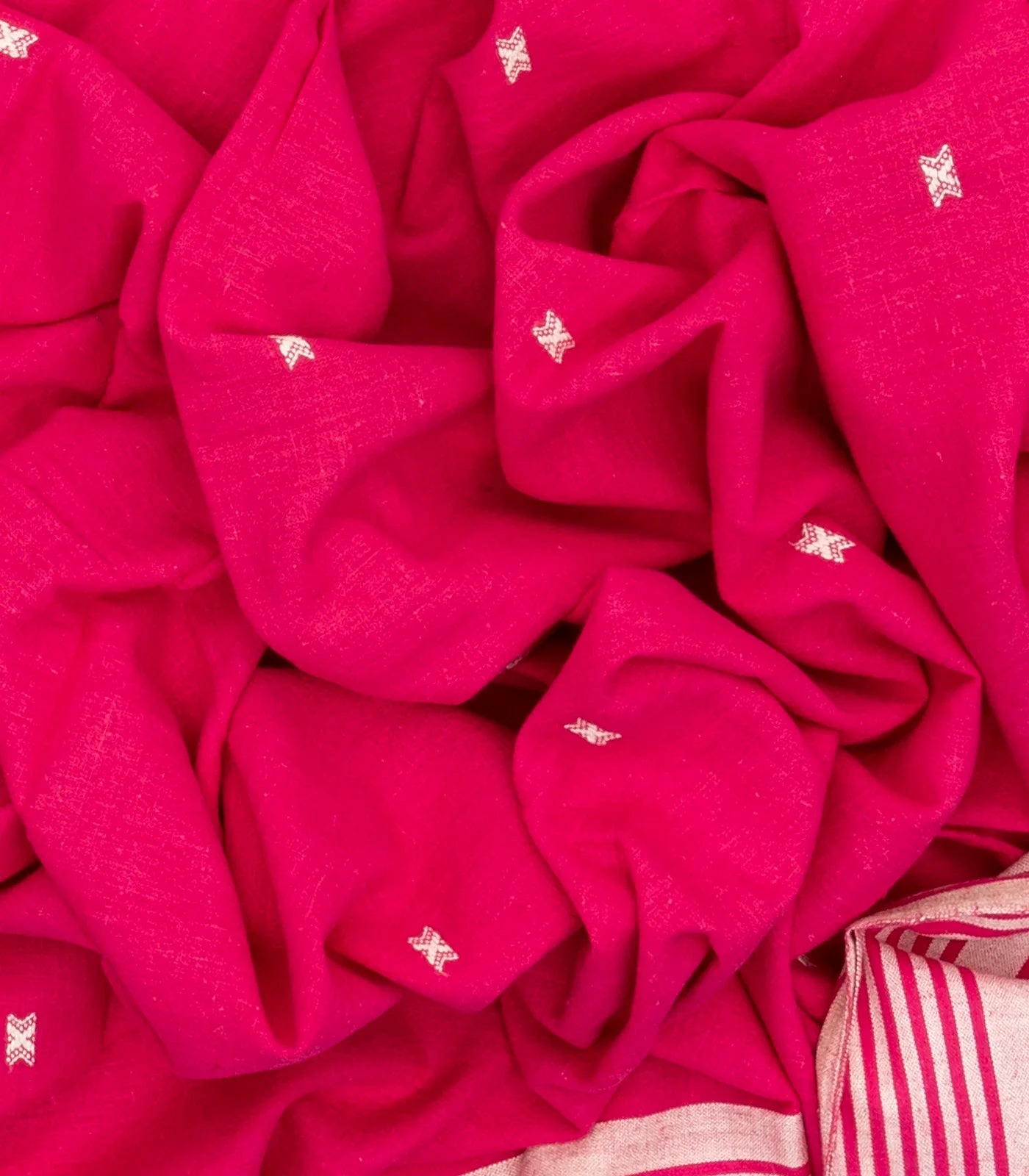 Hot Pink Handloom Bhujodi Cotton Saree With Buttas & Stripe Border