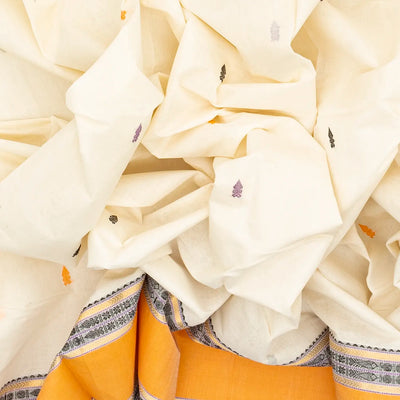 White Handloom Kanchi Cotton Saree With Spear Buttas