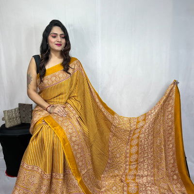 Modal Silk Authentic Hand Blocked Ajrakh work Saree