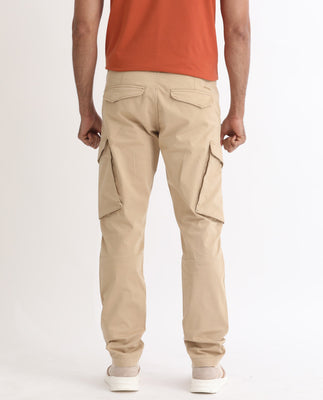 Rare Rabbit Men's Cidar Beige Mid-Rise Regular Fit Cargo Style Stretch Trouser