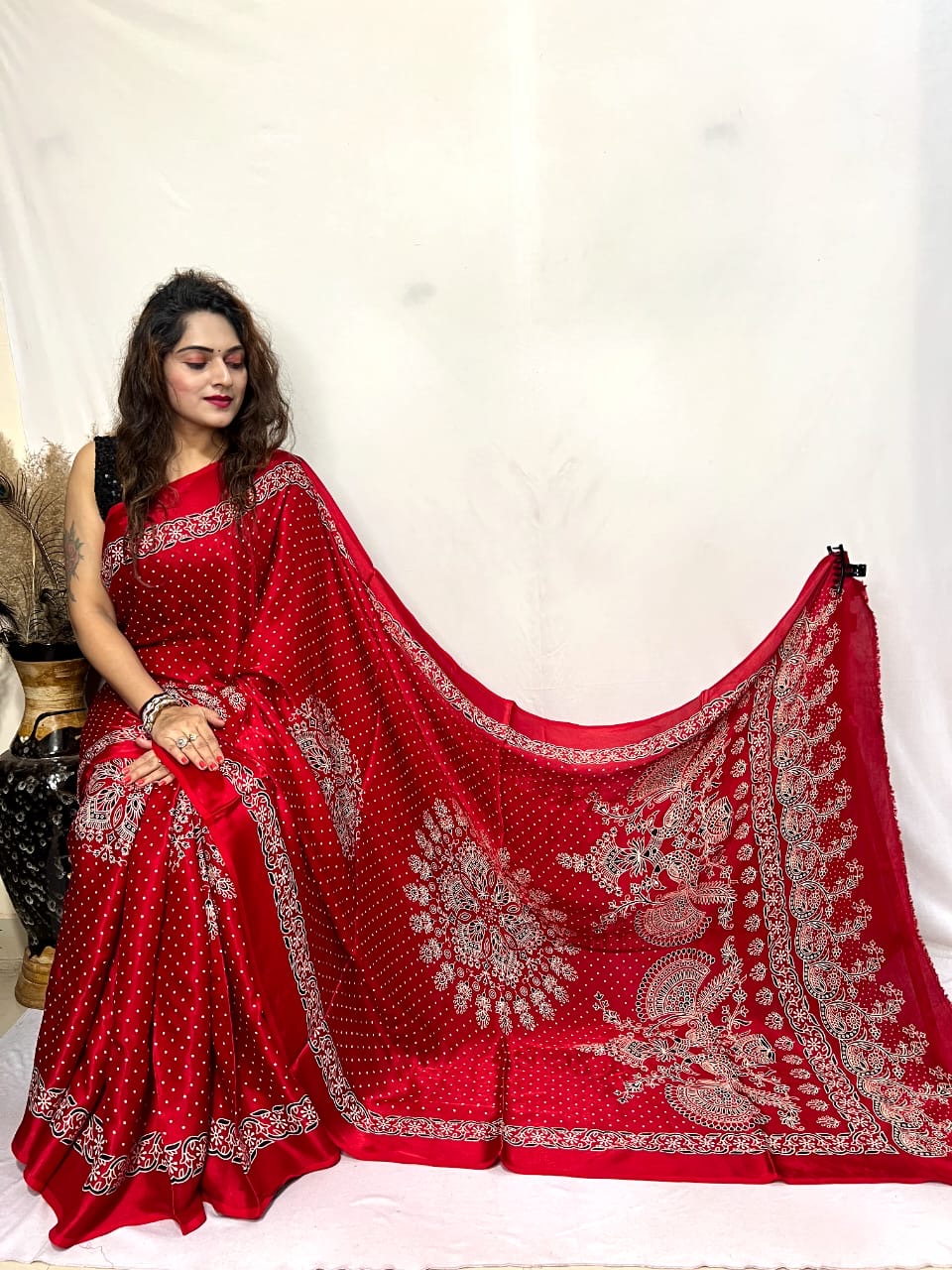 Modal Silk Ajrakh Bandhani Print Silk Saree