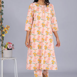 Hand block printed orange kurti and pants set