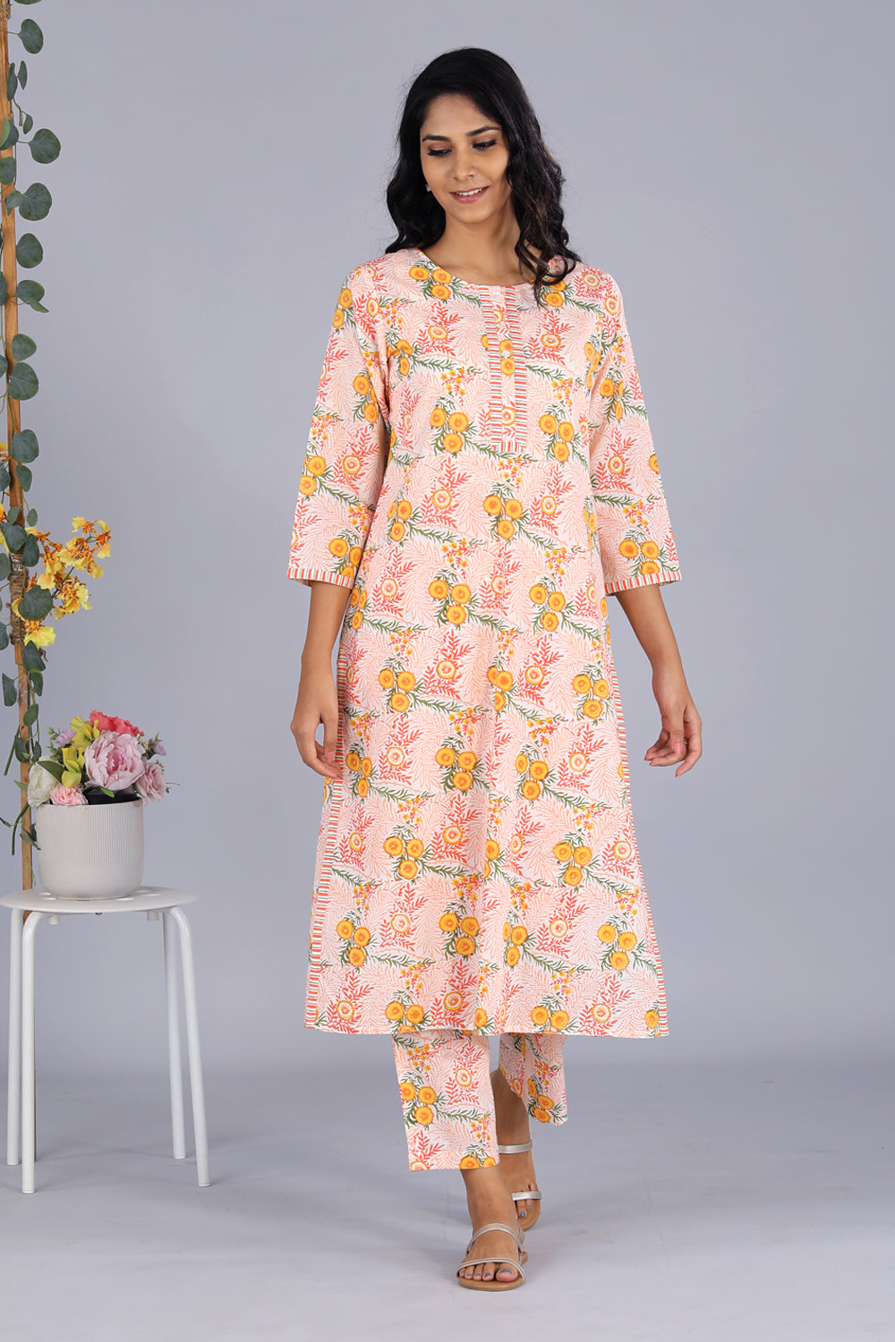 Hand block printed orange kurti and pants set