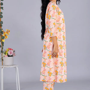 Hand block printed orange kurti and pants set