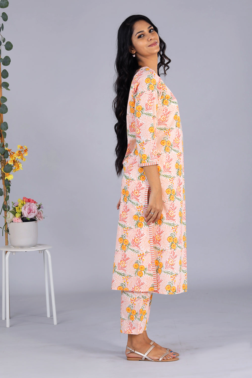 Hand block printed orange kurti and pants set