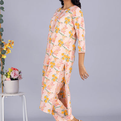 Hand block printed orange kurti and pants set