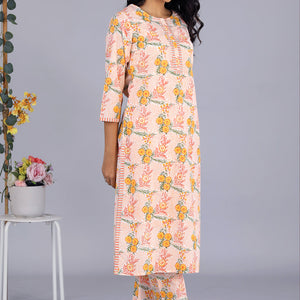 Hand block printed orange kurti and pants set