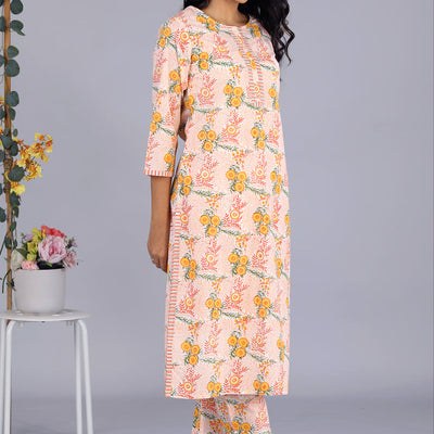 Hand block printed orange kurti and pants set