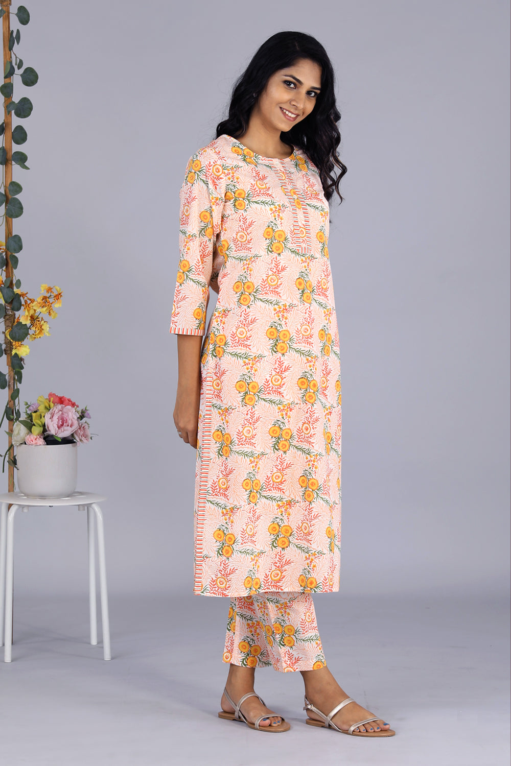 Hand block printed orange kurti and pants set