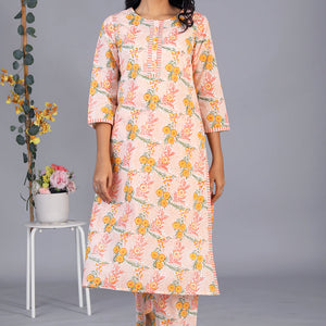 Hand block printed orange kurti and pants set