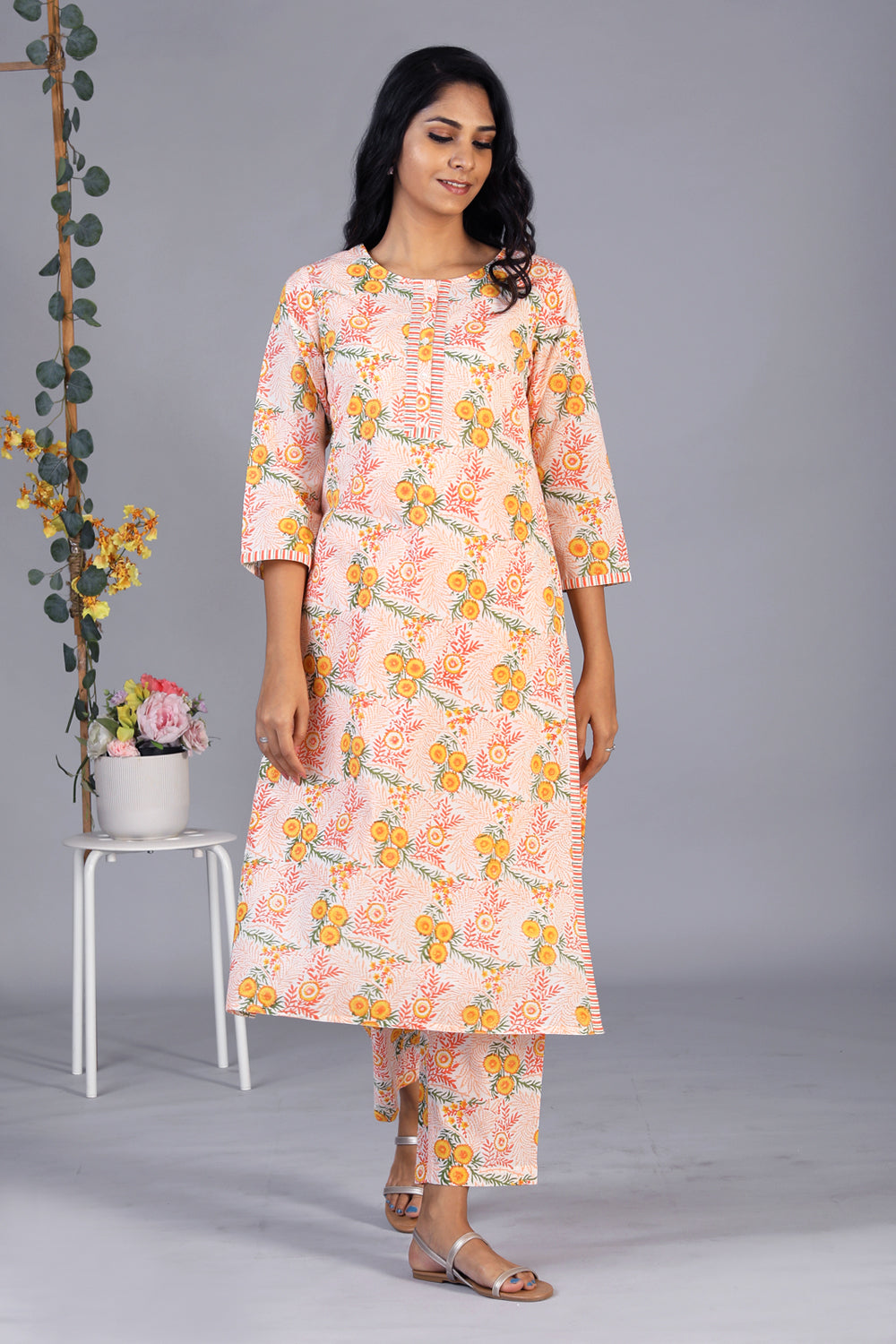 Hand block printed orange kurti and pants set