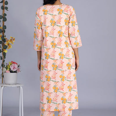 Hand block printed orange kurti and pants set