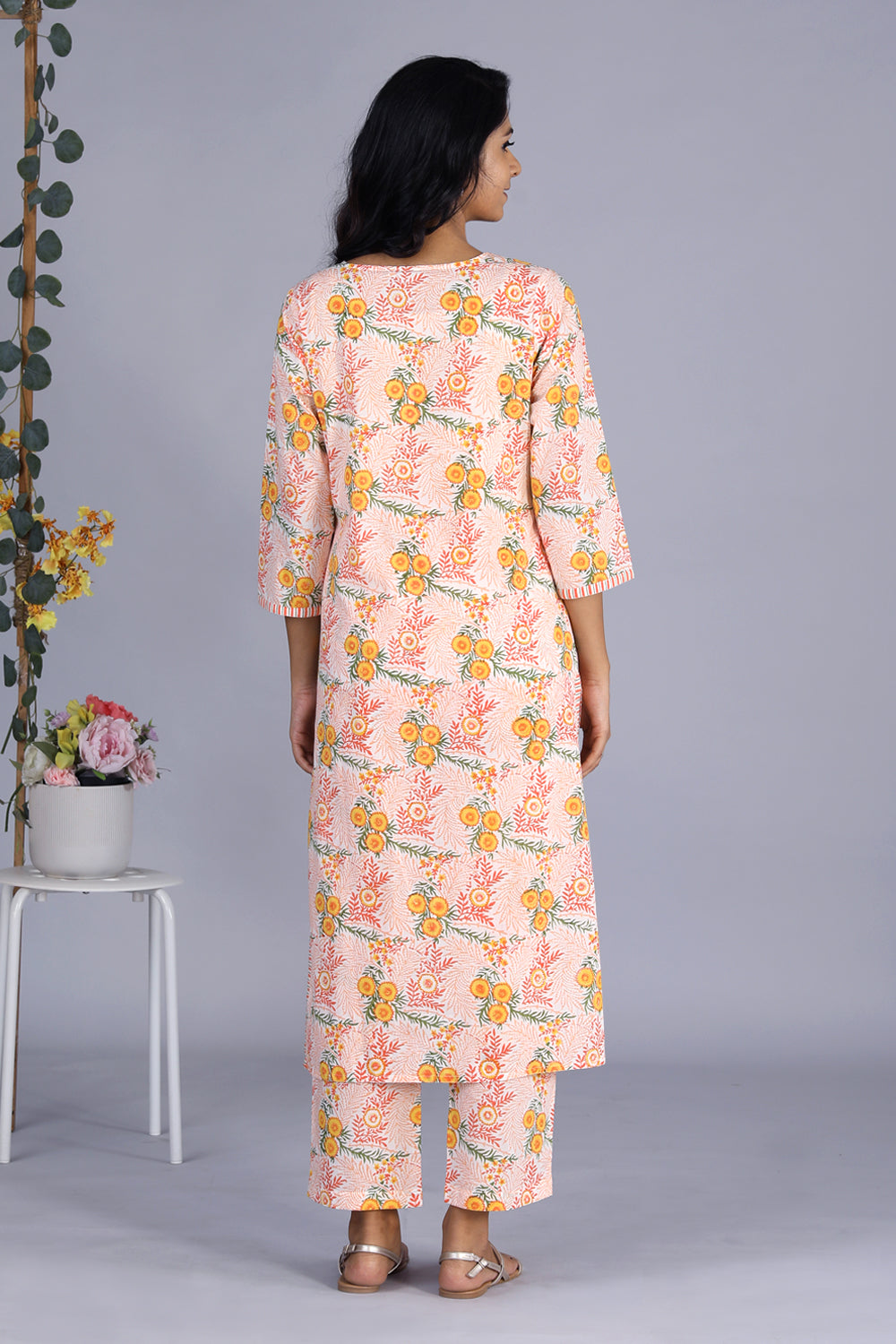 Hand block printed orange kurti and pants set