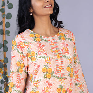 Hand block printed orange kurti and pants set