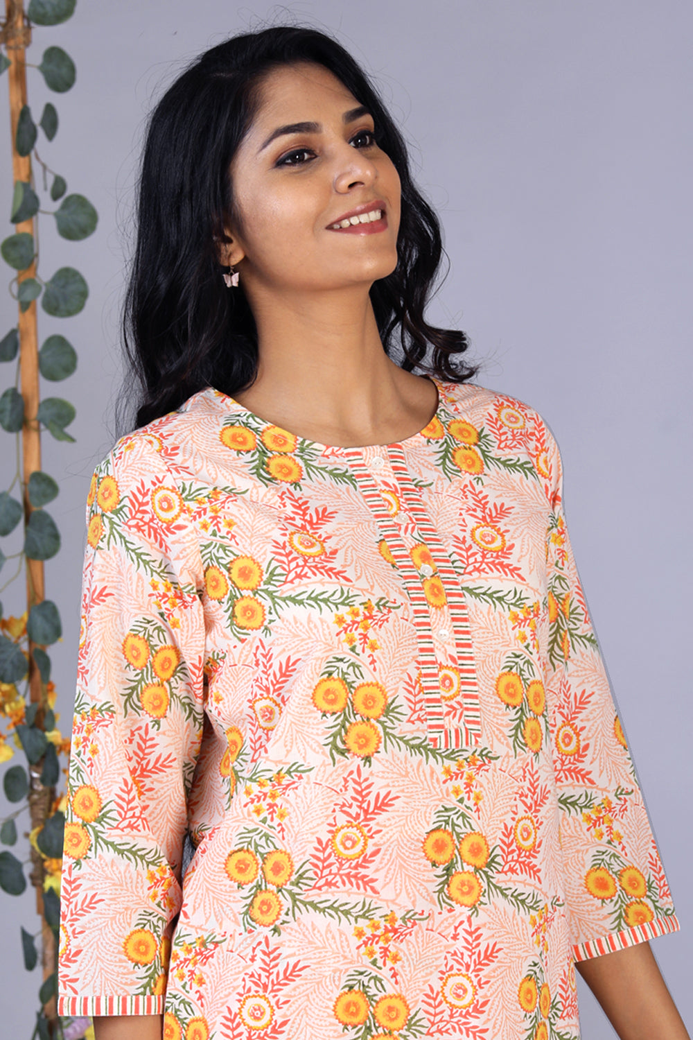 Hand block printed orange kurti and pants set
