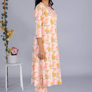 Hand block printed orange kurti and pants set