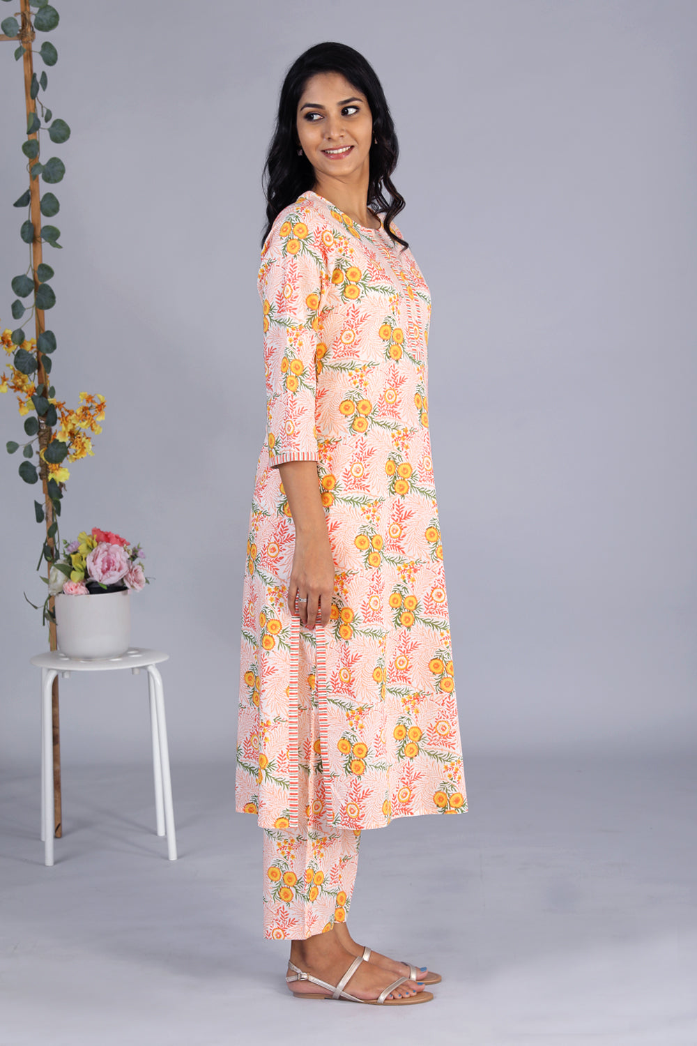 Hand block printed orange kurti and pants set