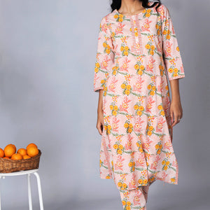 Hand block printed orange kurti and pants set