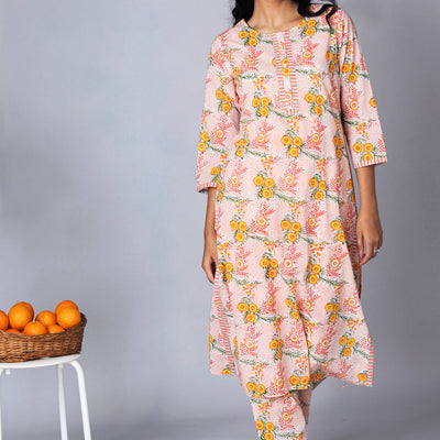 Hand block printed orange kurti and pants set