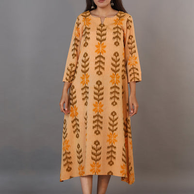 Honey beige hand woven cotton Ikat kurti
