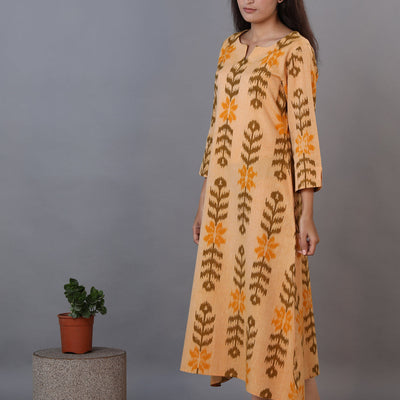 Honey beige hand woven cotton Ikat kurti
