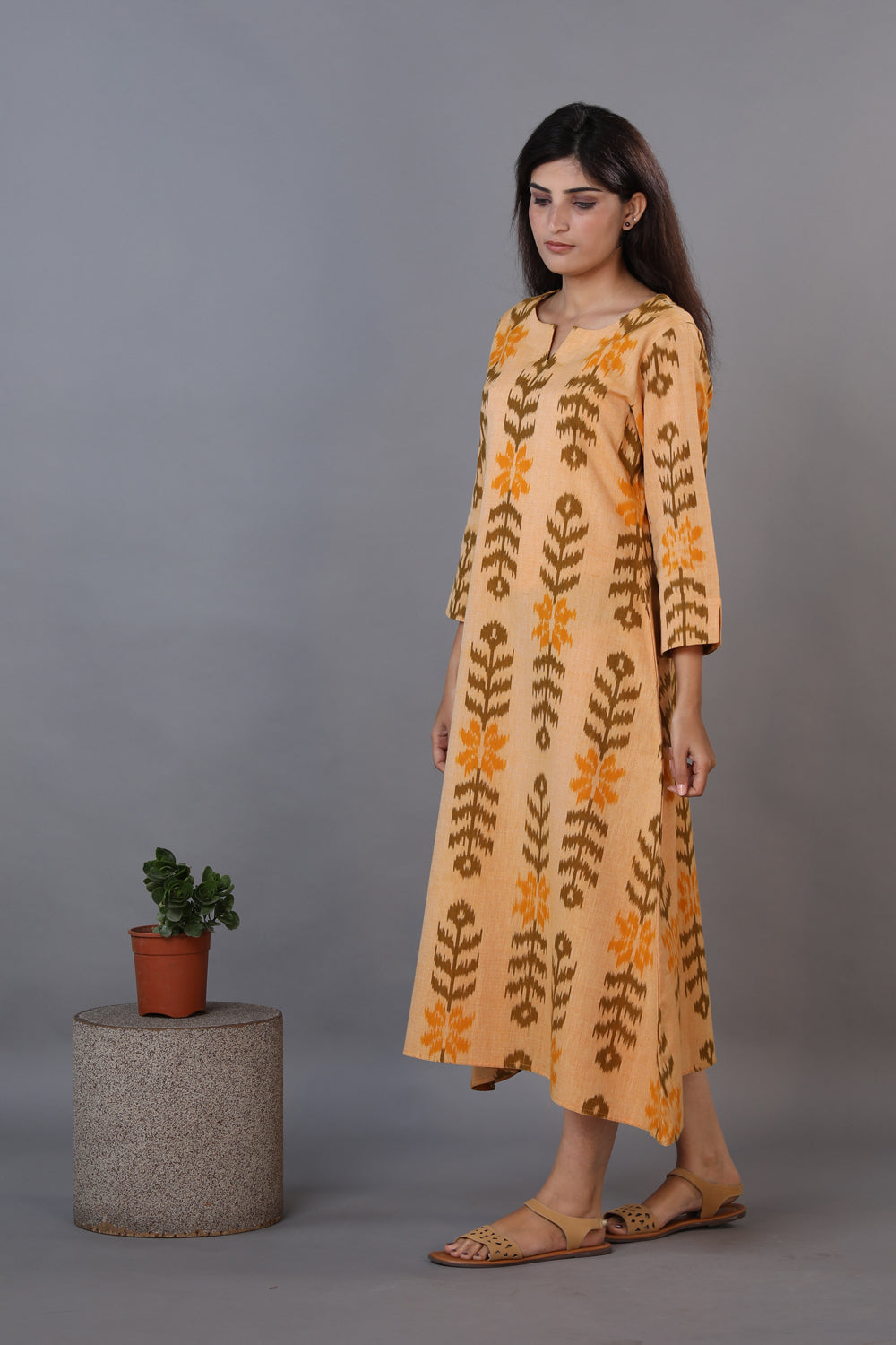 Honey beige hand woven cotton Ikat kurti