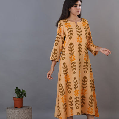 Honey beige hand woven cotton Ikat kurti