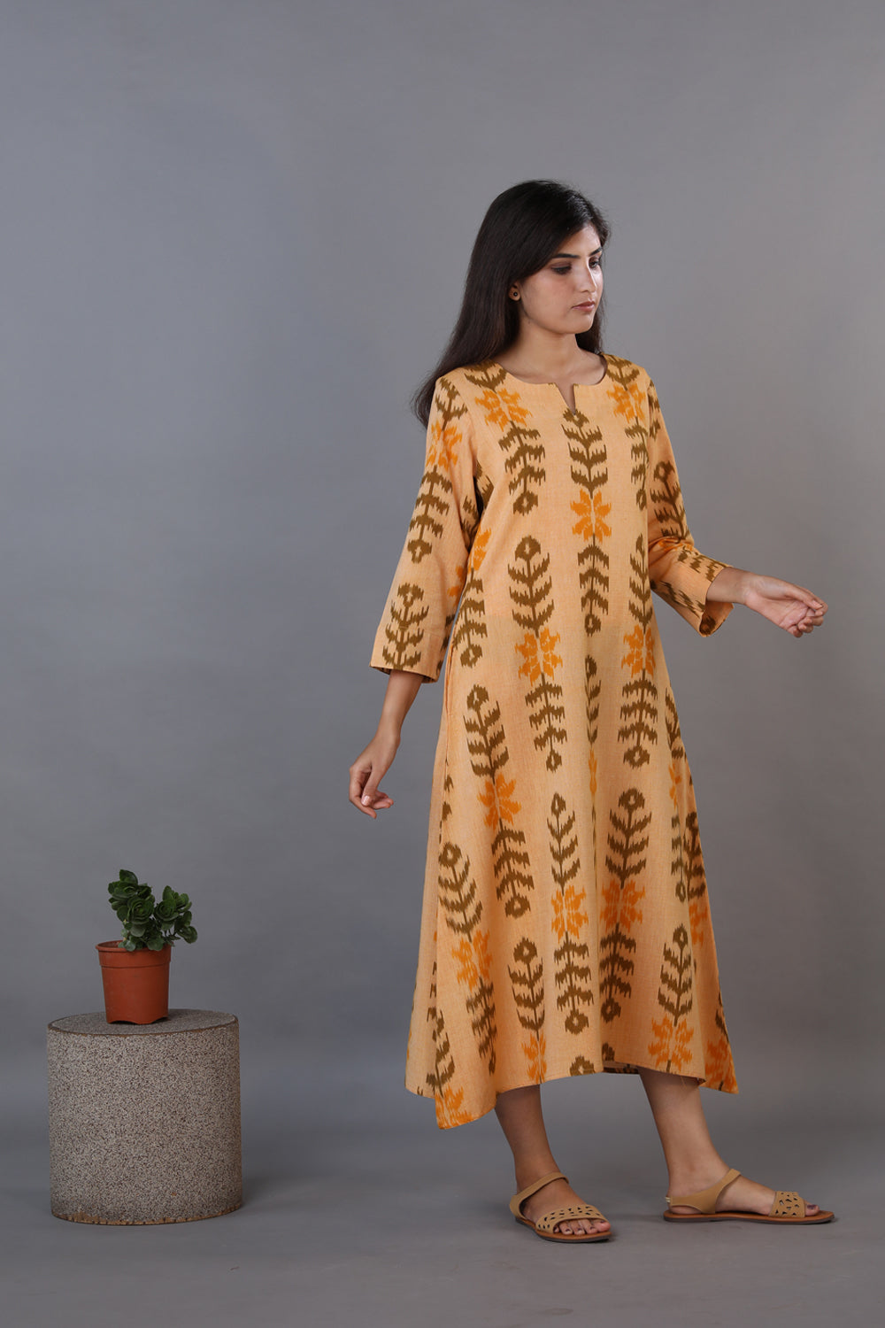 Honey beige hand woven cotton Ikat kurti