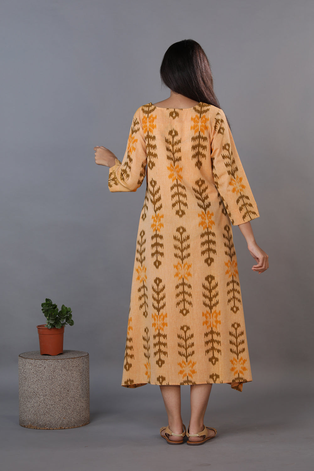 Honey beige hand woven cotton Ikat kurti
