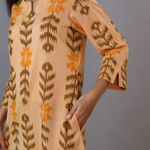 Honey beige hand woven cotton Ikat kurti