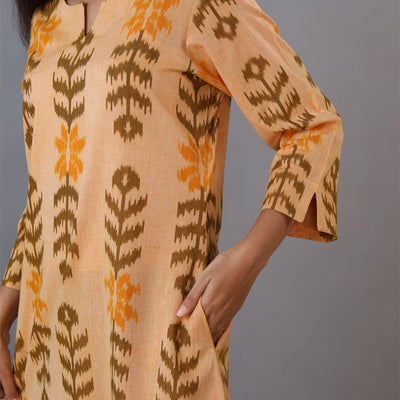 Honey beige hand woven cotton Ikat kurti